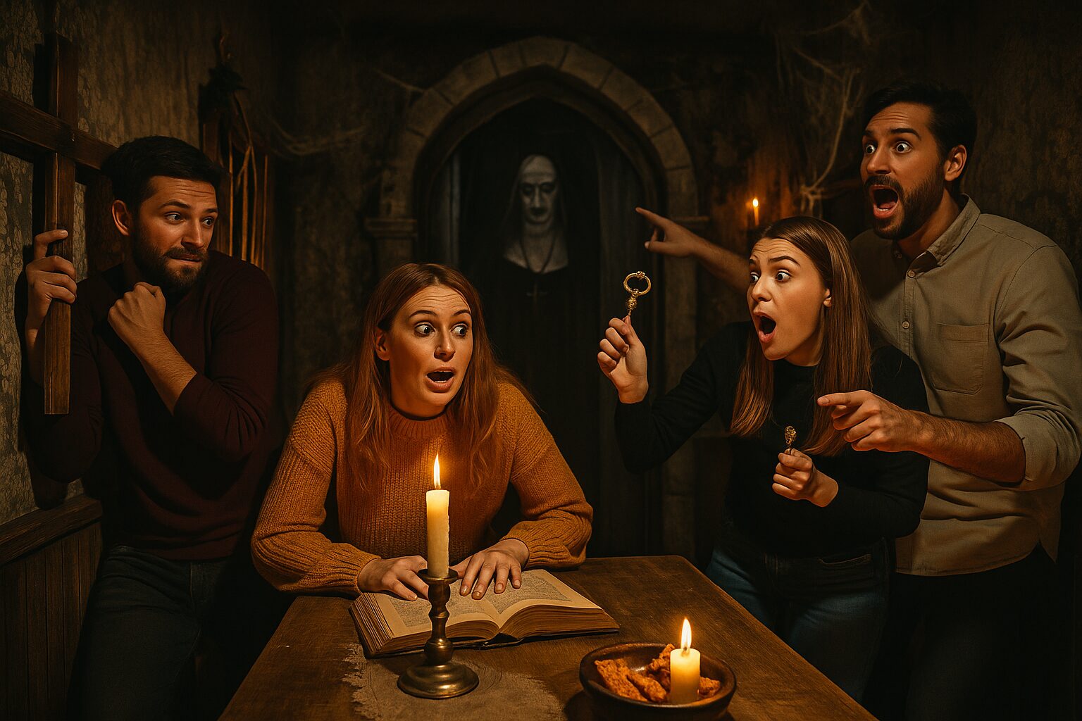 Stimmungsvoll beleuchteter Escape-Room mit gruseliger Atmosphäre: Im Vordergrund sind eine Gruppe von Menschen, mystische Requisiten wie Kerzen, Bücher und alte Möbel zu sehen, während im Hintergrund ein düsterer Gang in die Dunkelheit führt.