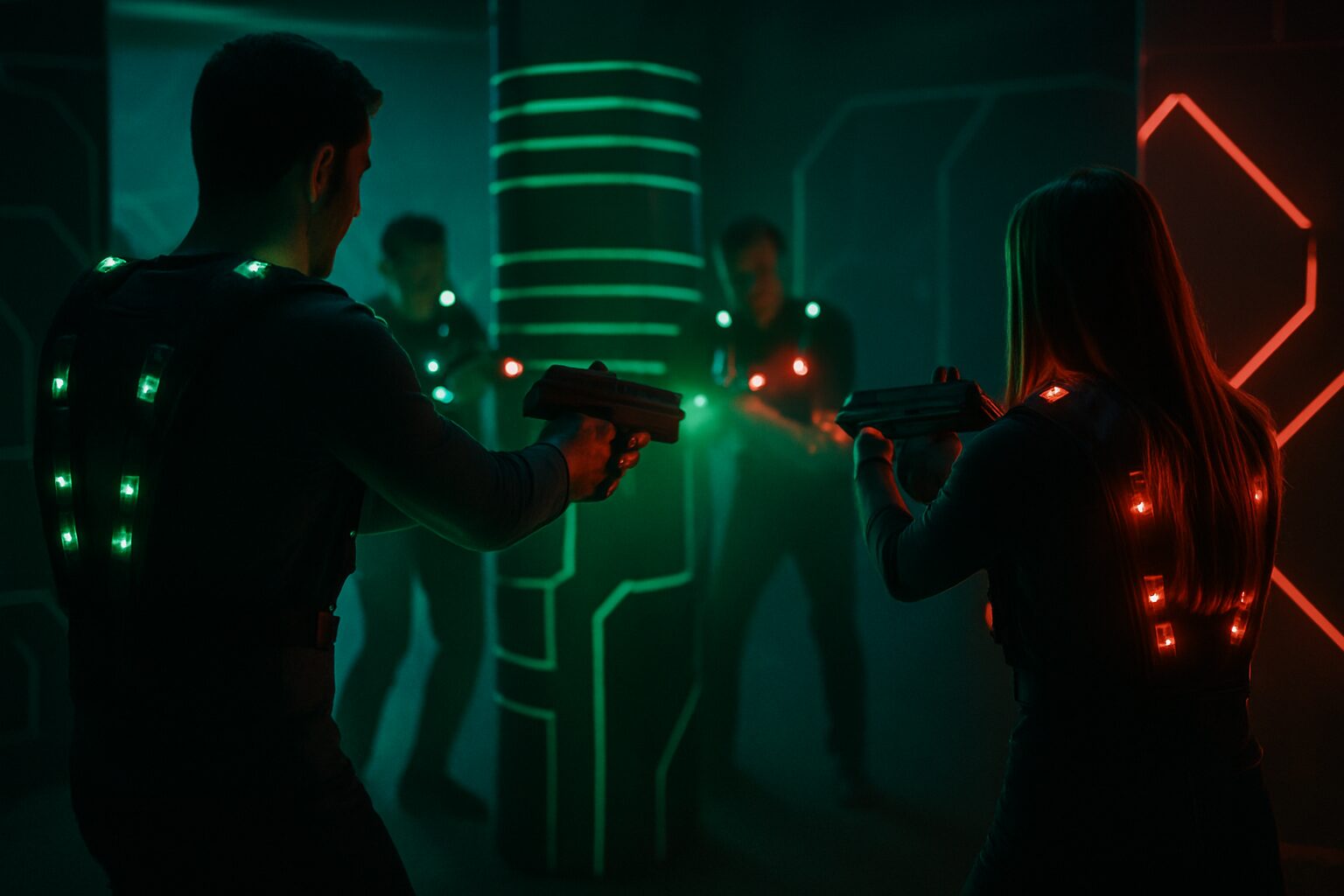 Dynamische Lasertag-Szene in dunkler Arena mit stimmungsvoller Beleuchtung. Eine Gruppe von Spieler:innen bewegt sich taktisch durch den Raum, der von Neonlichtern und Nebel durchzogen ist. Die Gesichter sind nicht sichtbar