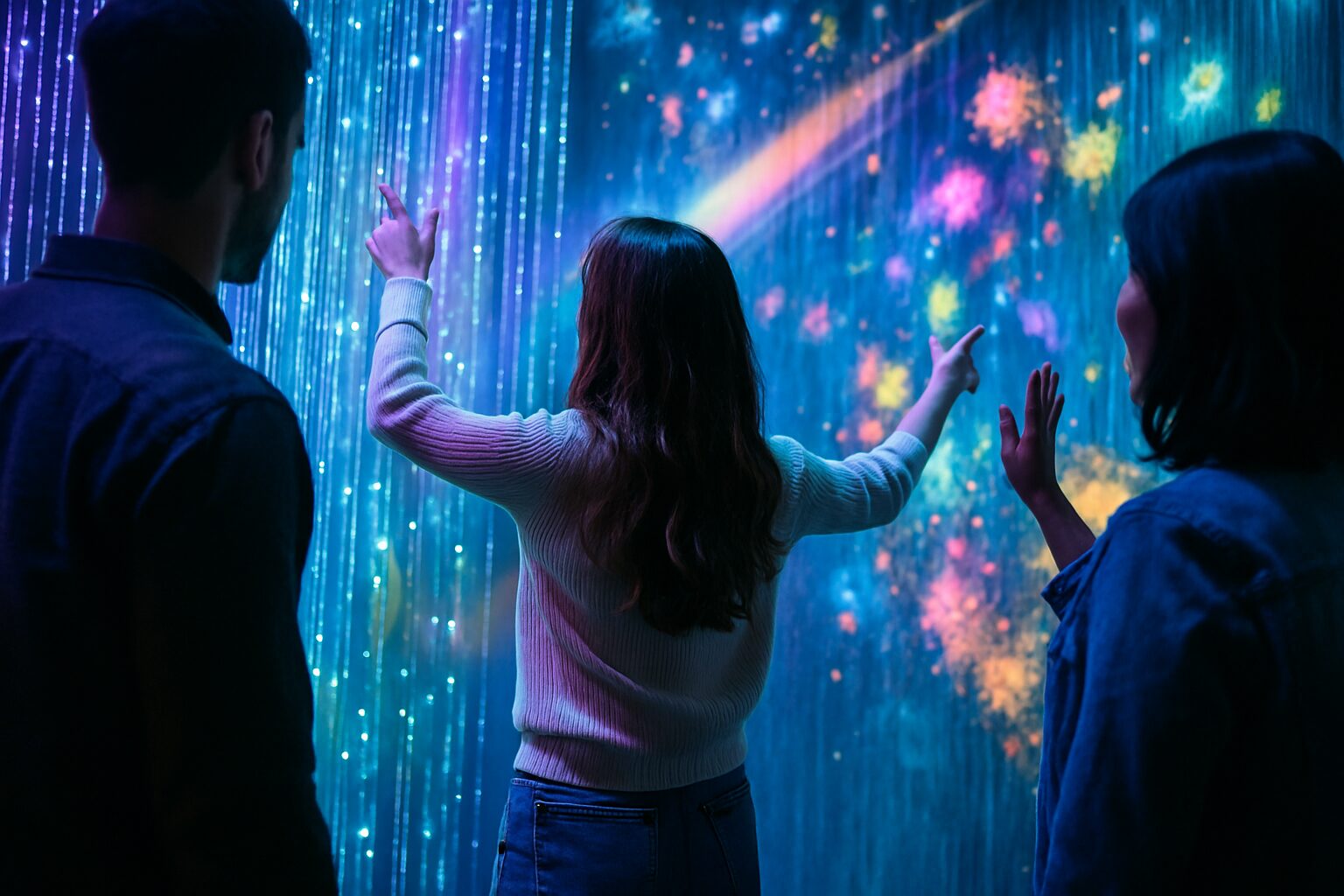 Drei Personen bewegen sich durch eine immersive Lichtinstallation. Bunte Lichteffekte, Spiegelungen und leuchtende Formen schaffen eine dynamische, kunstvolle Szenerie.